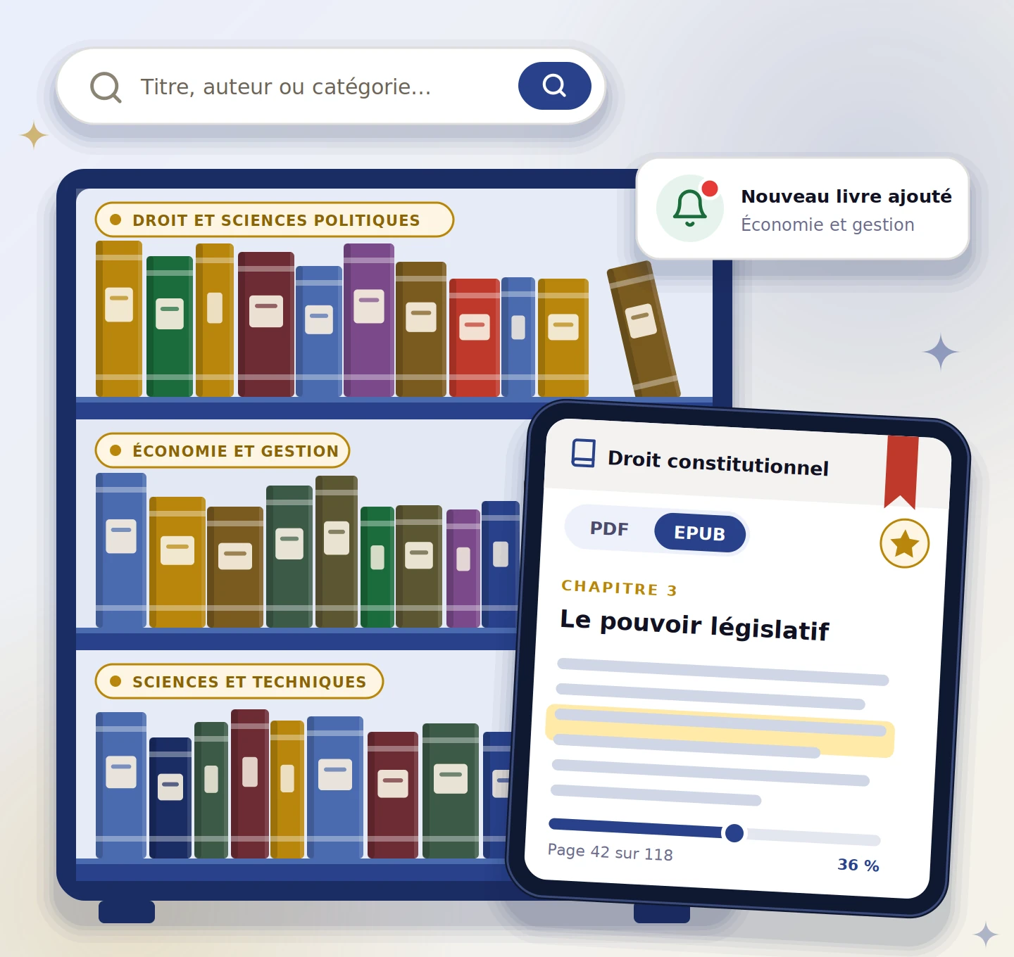 Bibliothèque numérique : une étagère de livres classés par domaine, une barre de recherche, une alerte de nouveau livre et une tablette affichant un ouvrage en lecture PDF ou EPUB