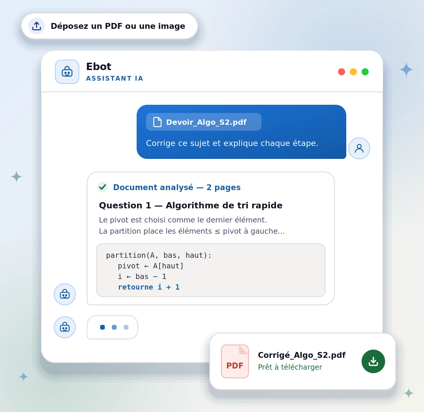 Conversation avec Ebot : l'étudiant lance la correction du sujet Devoir_Algo_S2, Ebot analyse le document, corrige la question 1 sur le tri rapide et propose le corrigé à télécharger en PDF