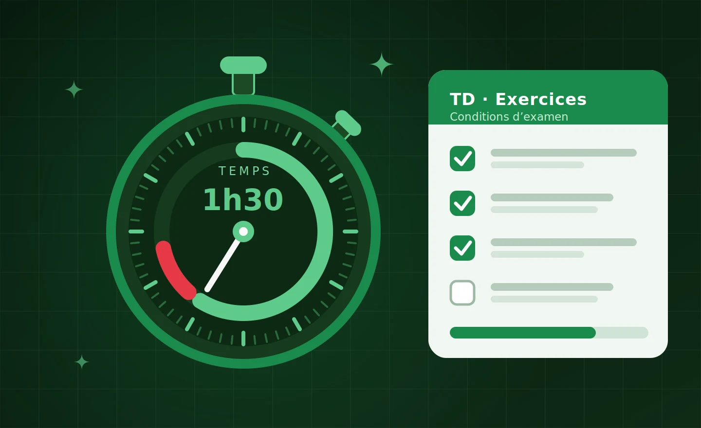 Chronomètre réglé sur 1h30 à côté d’une feuille de TD dont les exercices sont cochés